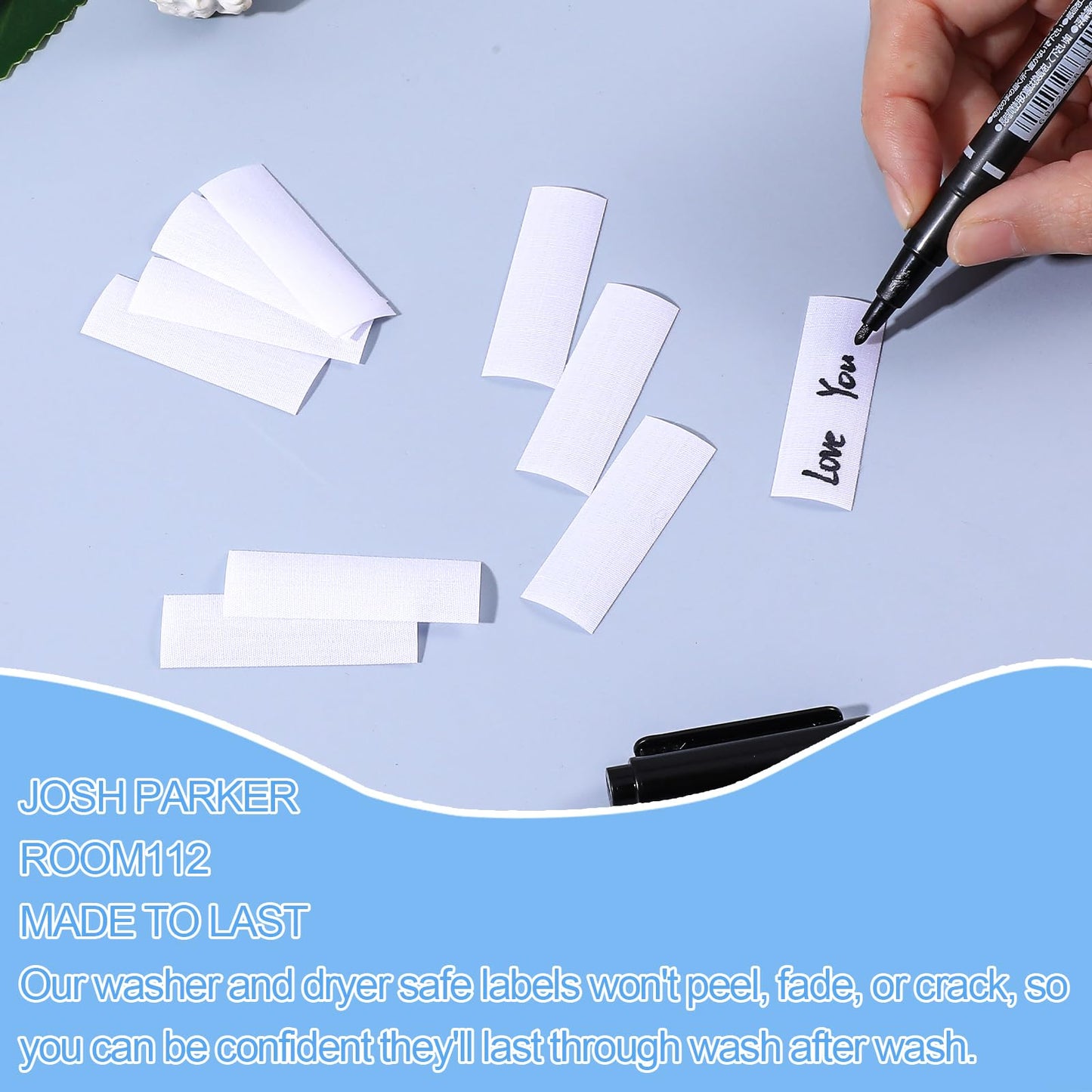 100Pcs Writable Iron on Labels for Clothing, Pre-Cut Iron on Clothing Label Personalized Laundry Labels Washable Fabric Label with 2Pcs Permanent Markers for Nursing Home School, 1.75 x 0.59Inch
