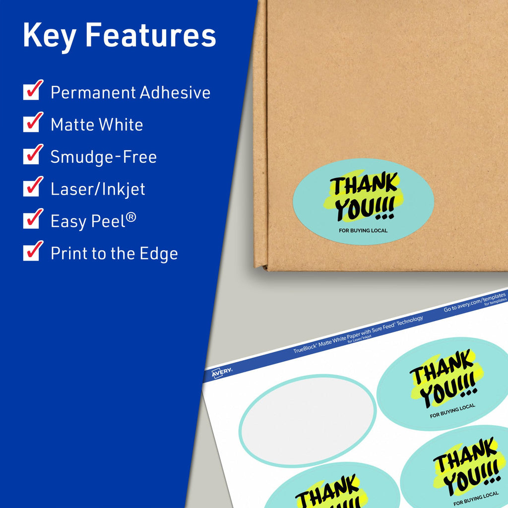 Avery® TrueBlock® Matte White Oval Labels, Sure Feed® Technology, 2" x 3-1/3", 200 Matte White Labels, Print-to-The-Edge, Laser/Inkjet Printable, Great for Packaging and Product Merchandising 200 labels