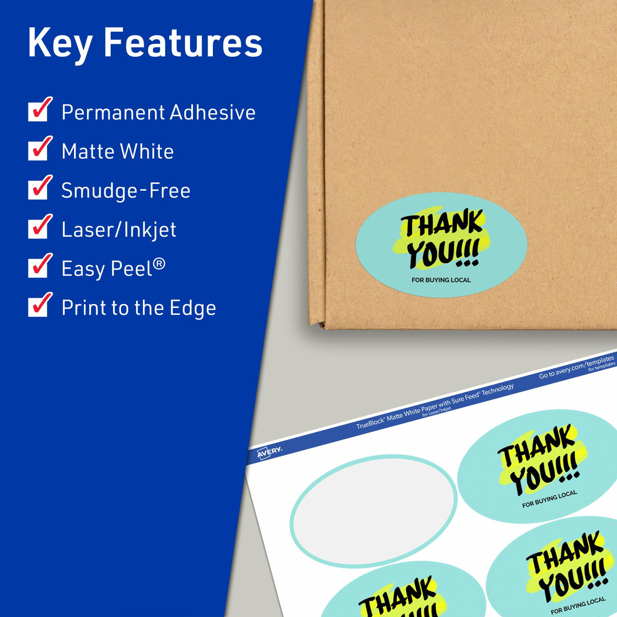 Avery® TrueBlock® Matte White Oval Labels, Sure Feed® Technology, 2" x 3-1/3", 200 Matte White Labels, Print-to-The-Edge, Laser/Inkjet Printable, Great for Packaging and Product Merchandising 200 labels