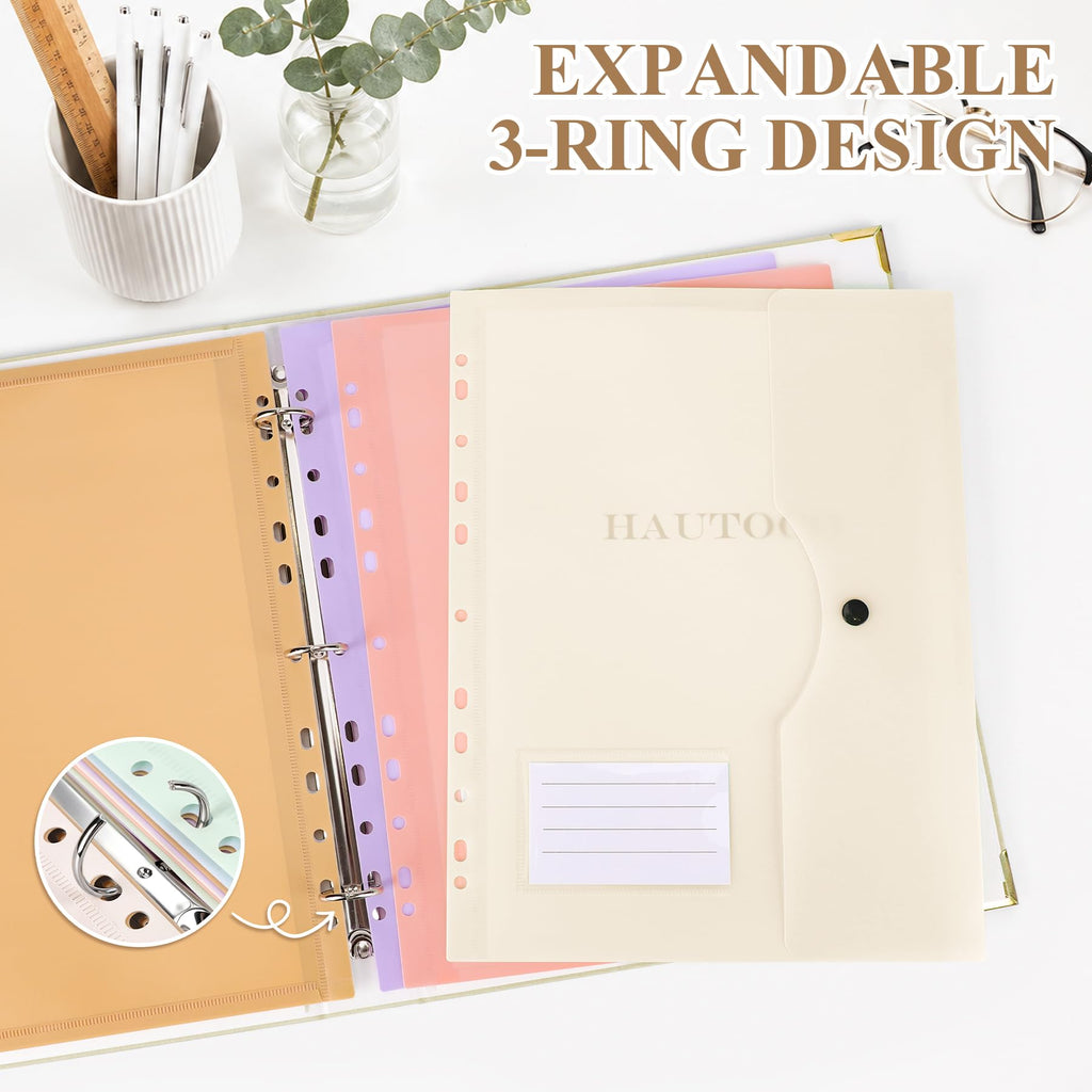 HAUTOCO PU Leather 3-Ring Important Document Organizer Folder Binder Beige