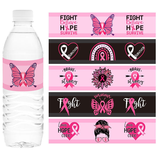 100Pcs Breast Cancer Awareness Water Bottle Labels Pink Ribbon Butterfly 5 Designs Waterproof Bottle Sticker Decals for Breast Cancer Party Decoration, 20 Sheets