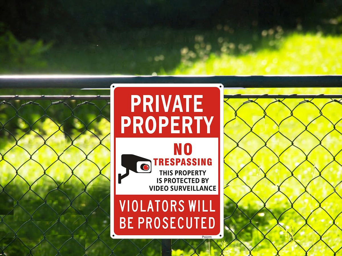 (2 Pack) Large No Trespassing Signs Private Property, Violators Will Be Prosecuted,14"x10".04" Aluminum Reflective Metal Sign,Weather Resistant, Waterproof, Durable Ink, Easy to Mount Red