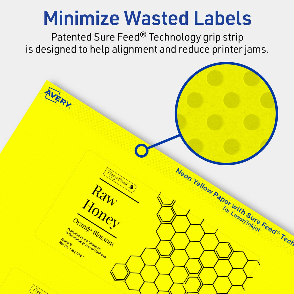 Avery® Printable Rectangle Labels, Sure Feed® Technology, 2-1/2" x 5", Neon Yellow Labels, Print-to-The-Edge, Laser/Inkjet Printable, 60 Total, Great for Candles and Ingredients 60 labels