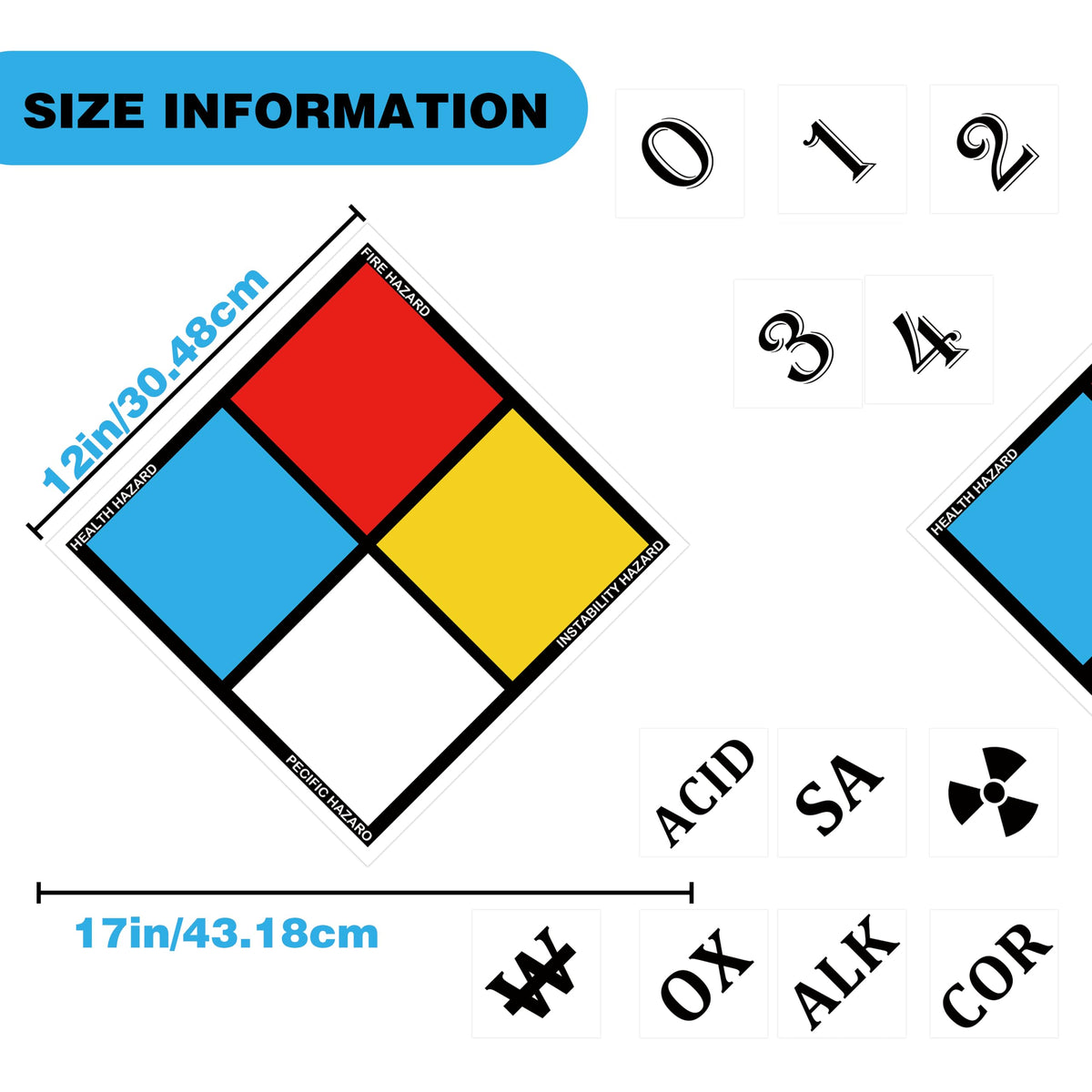 NFPA Adhesive Label Kit 12" Tall (tip-to-tip) Diamond Laminated Vinyl Kit Labels Includes 4 Blank Placards,30 Numbers Digits,42 Hazard Symbols for Industrial Warning Sticker NFPA Signs