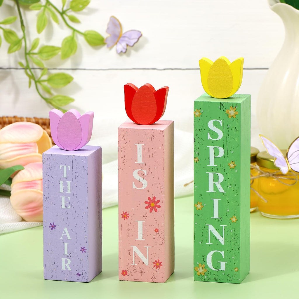 3 Pcs Spring Tulips Wood Table Decor Tulip Flower Block Signs Hello Spring Flowers Table Centerpieces Tulips Spring Holiday Decoration for Home Kitchen Office Desk Easter Decor Spring Tulip