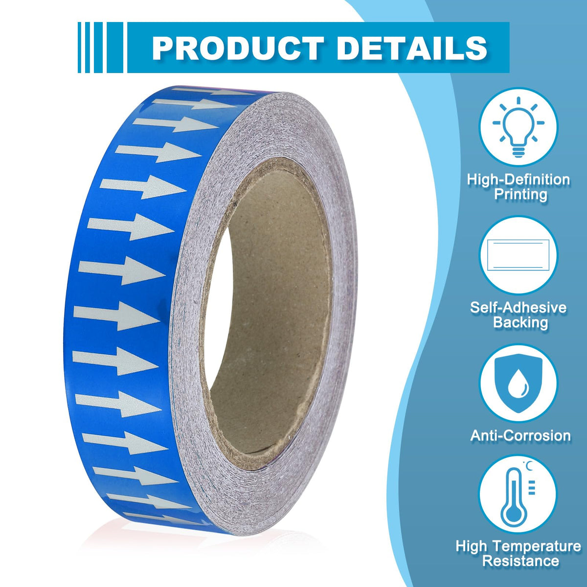 MECCANIXITY Directional Pipe Flow Arrow Adhesive Tape Pipeline Arrow Stickers 1-1/5 Inch x 65 Ft Pipe Identification Marking Labels for Pipe Flow Markers, White on Blue White/Blue 1-1/5"x65'