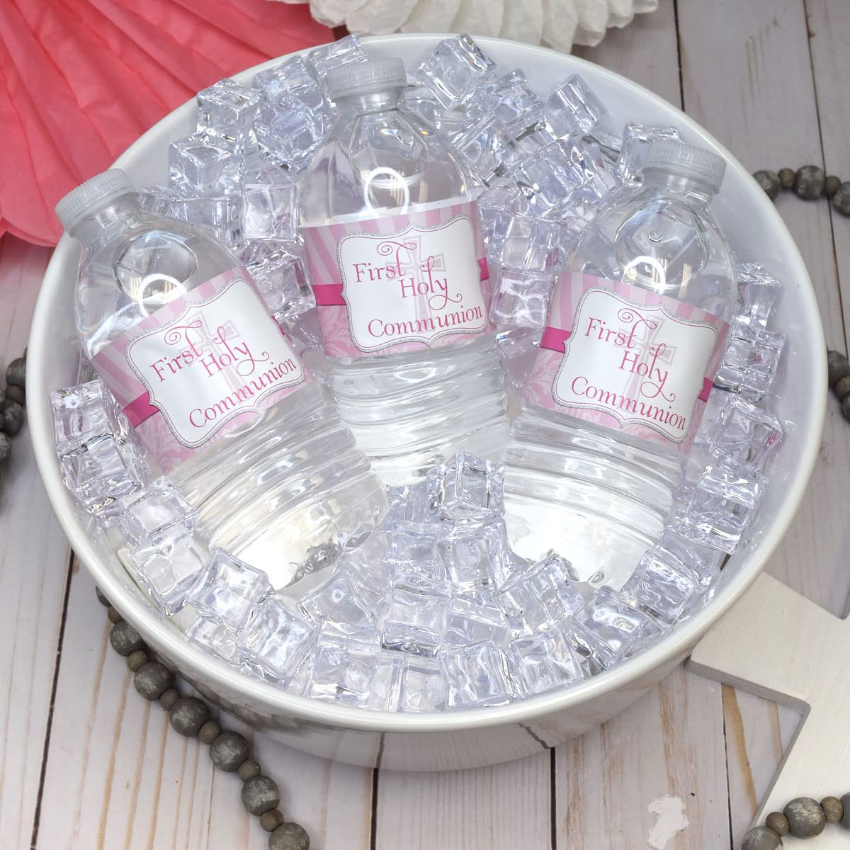 First Holy Communion Religious Waterproof Water Bottle Sticker Wrappers for Girls, 20 1.75" x 8.5" Wrap Around Labels by AmandaCreation