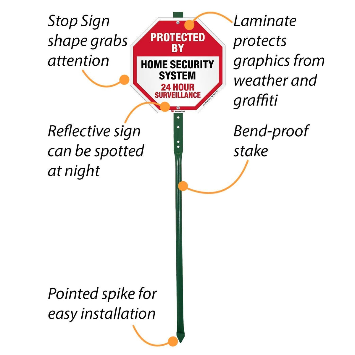 SmartSign 10" x 10" 'Protected By Home Security System 24 Hour Surveillance' Yard Sign with 3 ft Stake, 40 mil Aluminum 3M Laminated Engineer Grade Reflective, Red/Black/White Reflective Aluminum Sign with 3' Stake