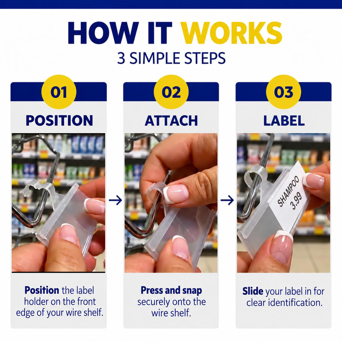 NuBliss Wire Shelf Label Holders, 1-1/4" x 3", Plastic, 50 Pack