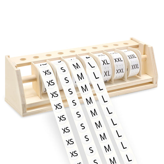 3500 Pcs Clothing Size Stickers Labels with Wooden Labels Holder Organizer Round Self Adhesive Stickers for Clothing T Shirts Retail, 7 Size Black and White