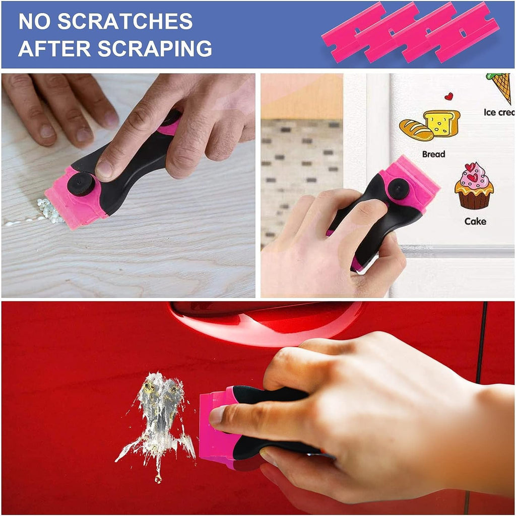 Pink DEKEones razor blade scraper with double-edged blades for glass, decals, paint, stickers, and adhesive removal.
