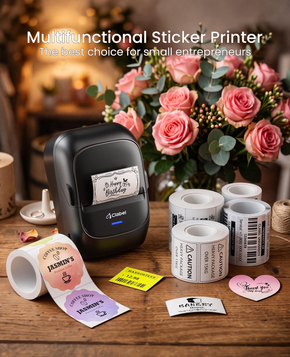 CLABEL 221B Label Printer with 5 Tapes,  2"  Bluetooth Label maker 2 Inch-Black+5roll Printer+5 Roll