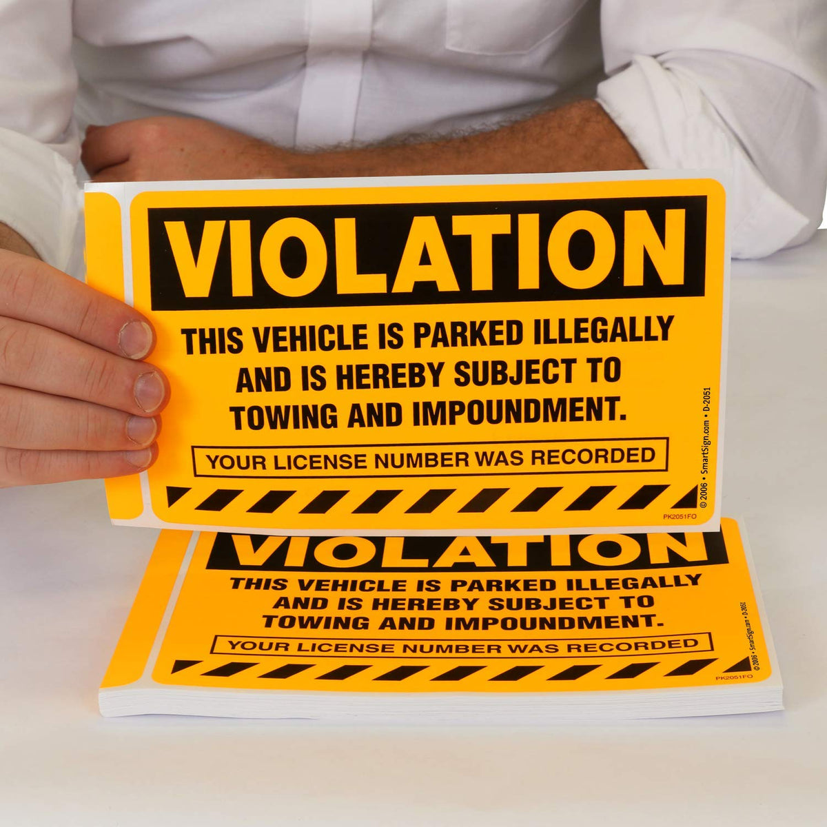 SmartSign (50-Pack) 5" x 8" 'Violation - Vehicle Illegally Parked, Subject to Towing/Impoundment' Parking Stickers with Permanent Adhesive, 4.5 mil Paper, Fluorescent Orange/Black
