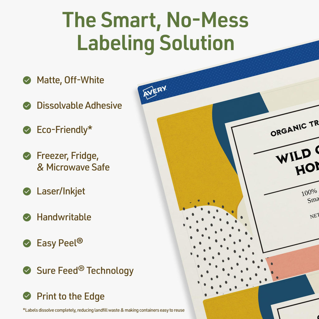 Avery Dissolvable Rectangle Labels, Sure Feed Technology, 4.75" x 7.75", Matte White, Print-to-The-Edge, Laser/Inkjet Printable, 50 Labels Total