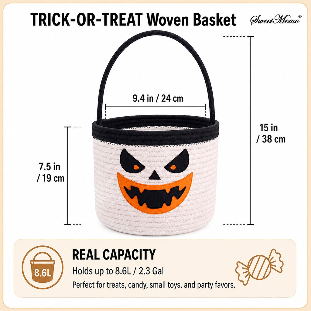 Halloween Trick or Treat Basket, White Ghost 9.4×7.5 in