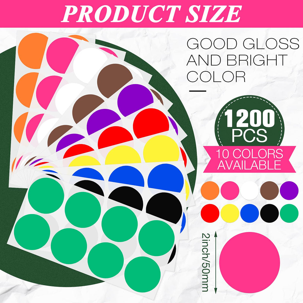 Zonon 1200 Pieces 2 Inch Colored Dot Stickers 10 Color Printable & Writable