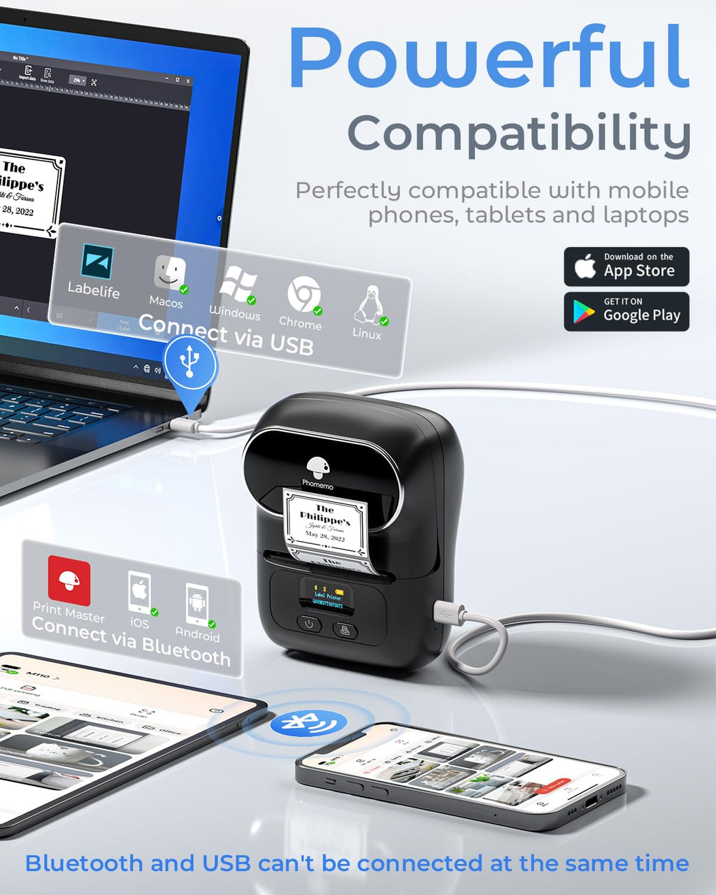 Phomemo M110 Label Makers, Portable Bluetooth Thermal Printer with Display Black 1 Printer + 1 Roll Label