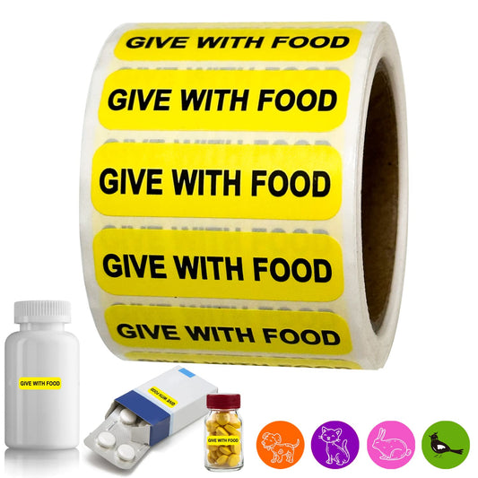 Give with Food-Veterinary Labels/Stickers, 1.5 x 0.43 inch Medication Instruction Labels for Medical Containers Pharmacies Hospitals for Drugstor Management, 500 Labels per roll (Yellow) Yellow