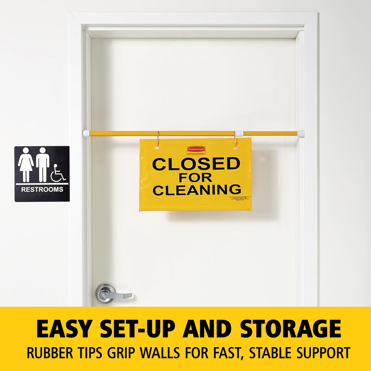 Rubbermaid Commercial Products Heavy Duty Extend-to-Fit, Multilingual "Closed For Cleaning" Hanging Doorway Safety Sign, Yellow, for Office/Restroom/Restaurant/School/Hospital/Hotel English Only