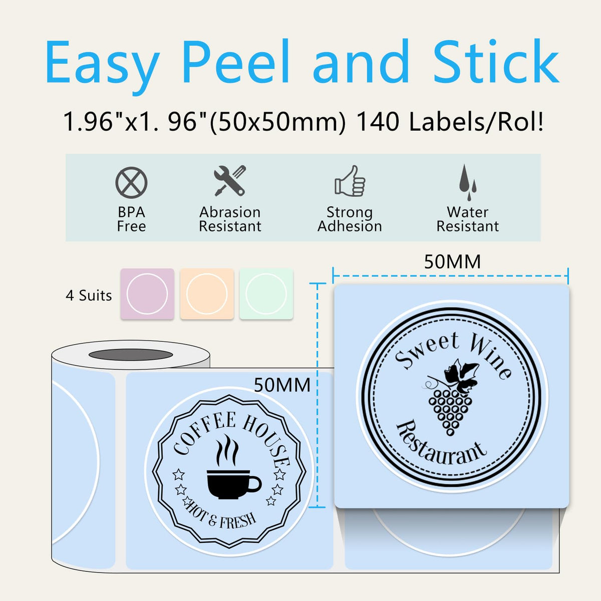 4 Rolls Round Circle Thermal Label Compatible for Phomemo M100/M110/M150/M221/M220/M120/M200/M250 Label Printer,1.96" x 1.96"（50x50 mm, 140 Labels/Roll Black on Pink & Blue & Khaki & Green Color-4 Rolls 50x50mm(1.96"x1.96")