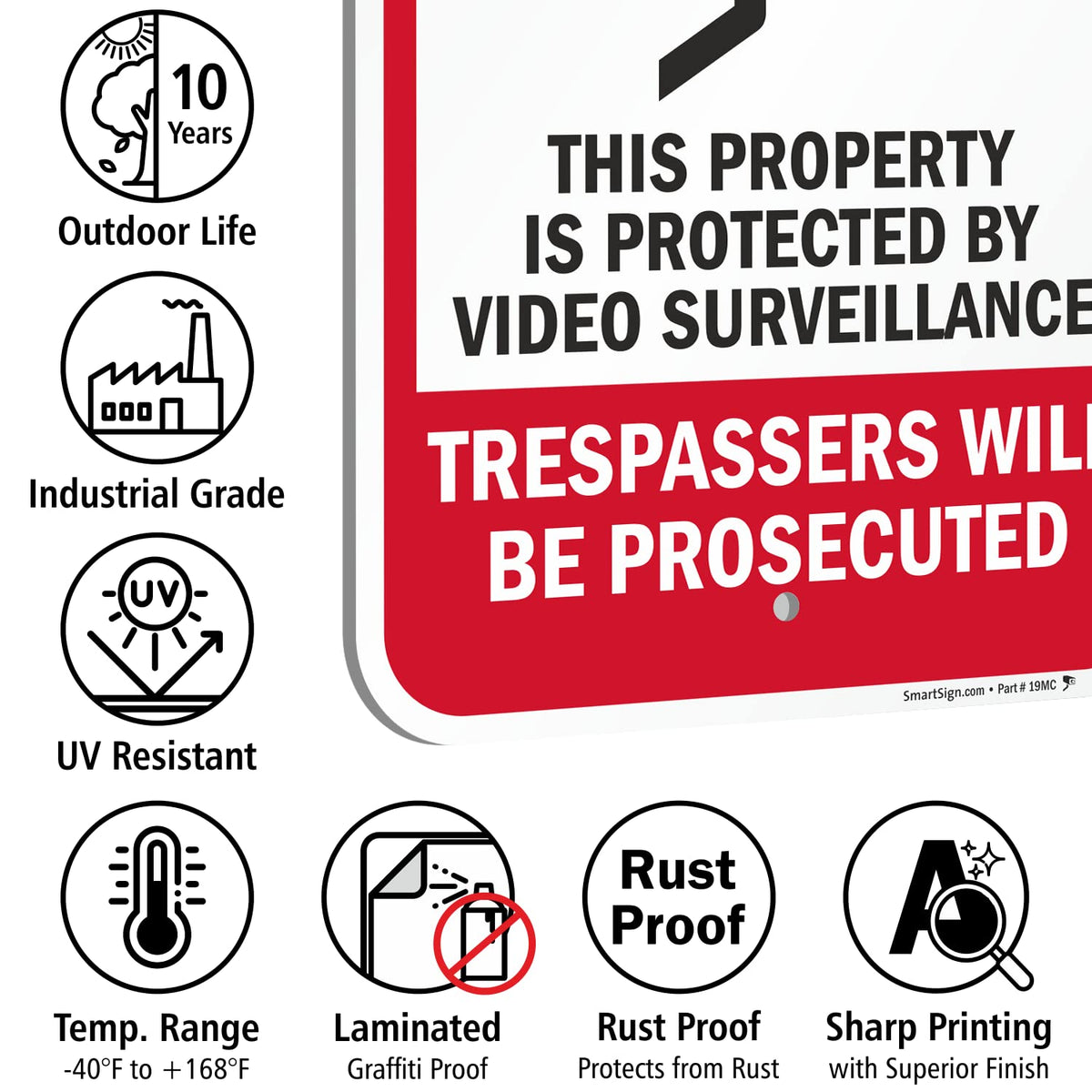 SmartSign 18 x 12 inch “No Trespassing - Property Protected by Video Surveillance, Trespassers Prosecuted” Metal Sign, 63 mil Laminated Rustproof Aluminum, Red, Black and White