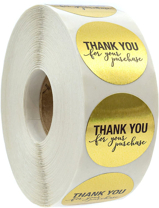 1.25" Round Gold Foil Thank You for Your Purchase Stickers / 1000 Labels per Roll