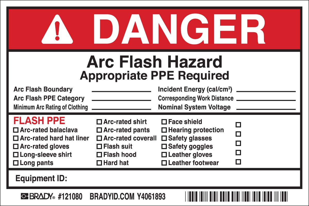 Brady 121080 Vinyl Write-On Arc Flash Labels (Danger) , Black/Red On White, 4" Height x 6" Width, Legend "Danger Arc Flash & Shock Hazard Appropriate Ppe Required Flash Protection Boundary____..., Etc." (5 Labels per Package)