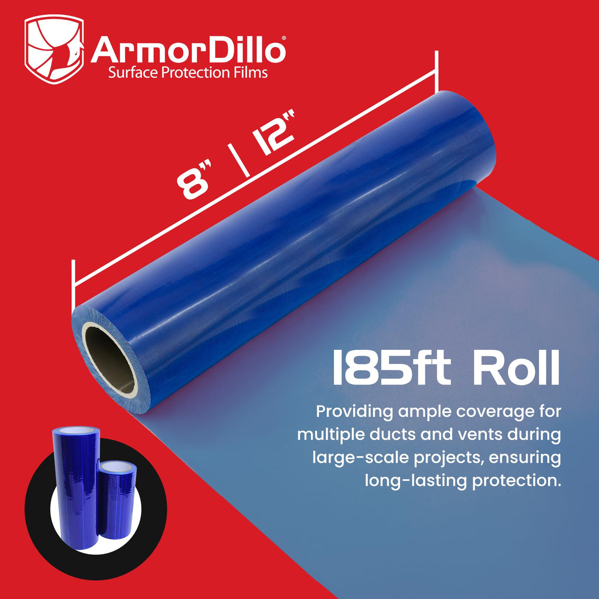 ArmorDillo High-Tack Adhesive HVAC Vent Sealing and Masking Tape. 25% HigherTack Vent Film 8” x 185 8” x 185' High Tack Adhesive Blue