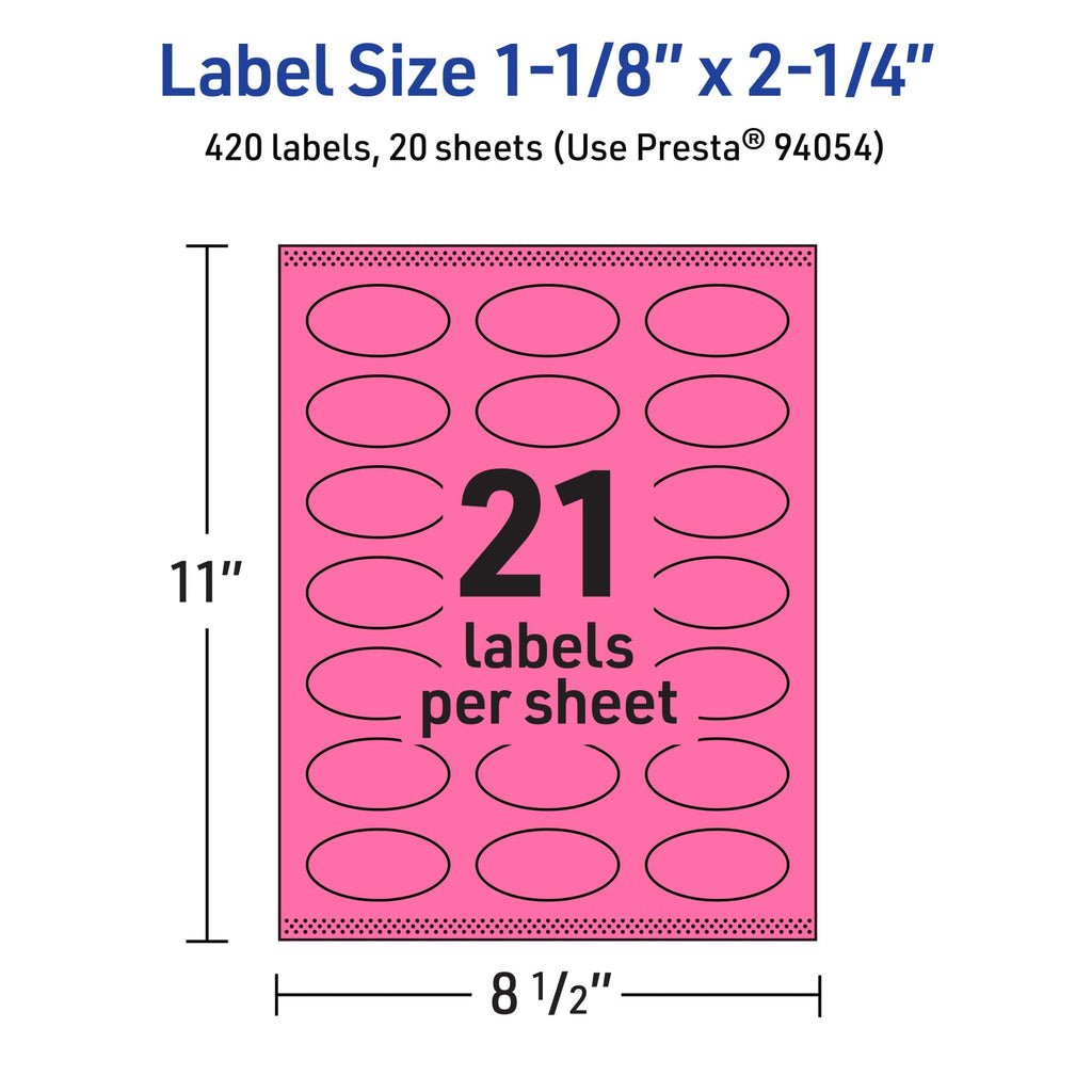 Avery® Printable Oval Labels, Sure Feed® Technology, 1-1/8" x 2-1/4", Bright Pink Labels, Print-to-The-Edge, Laser/Inkjet Printable, 420 Total, Great for Soaps and Candles 420 labels