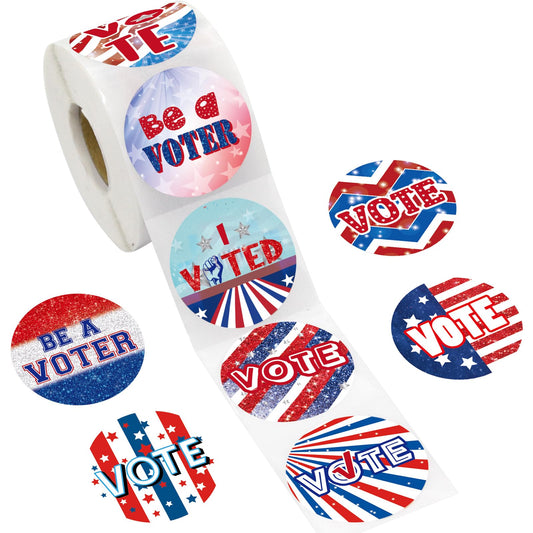 500 Pcs Vote Stickers Roll Glitter White Red Blue Self Adhesive Labels Patriotic for Election Votes Campaigns Voting Supplies