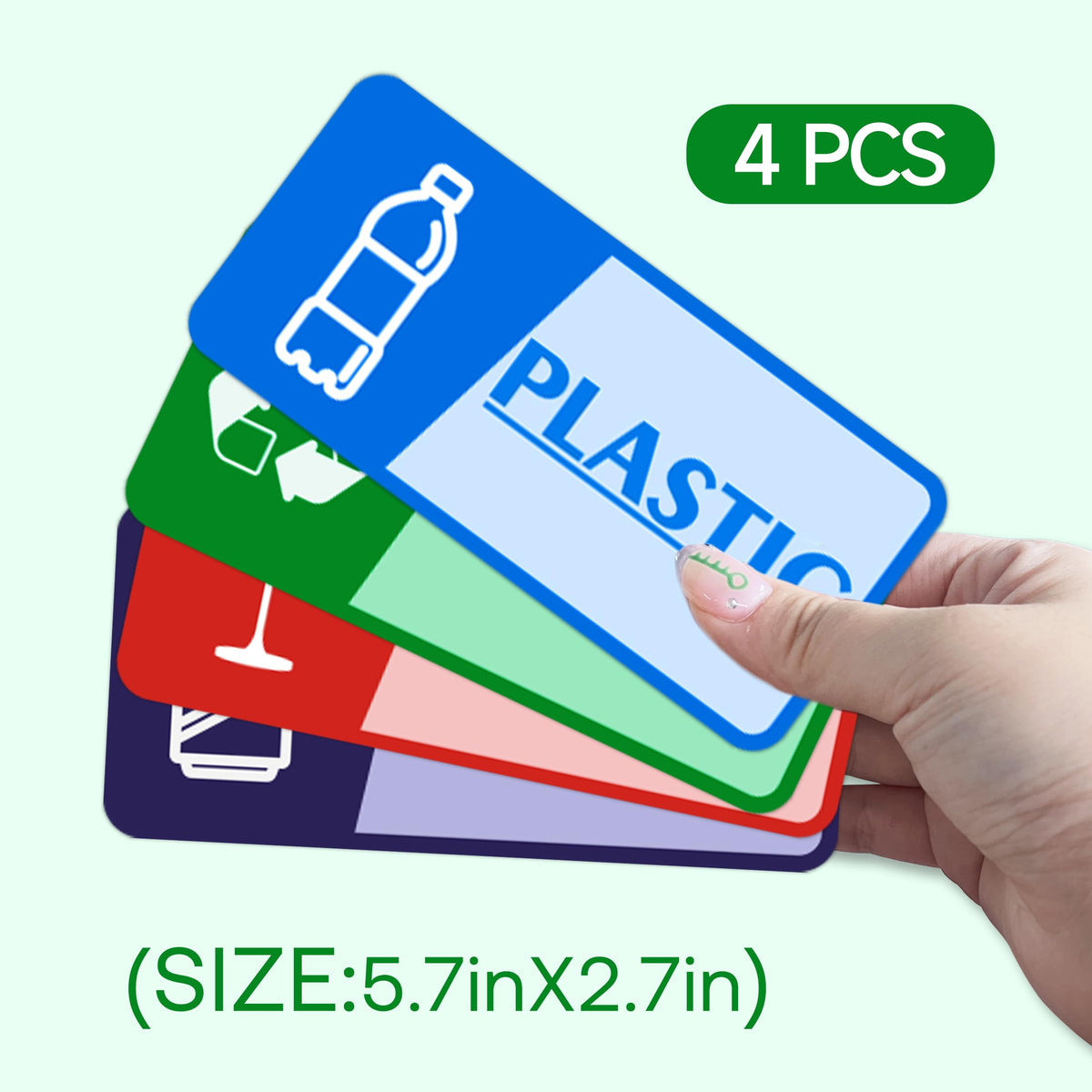 Set of four waterproof and fade-resistant recycling stickers for trash bins, ideal for home, office, or public areas.