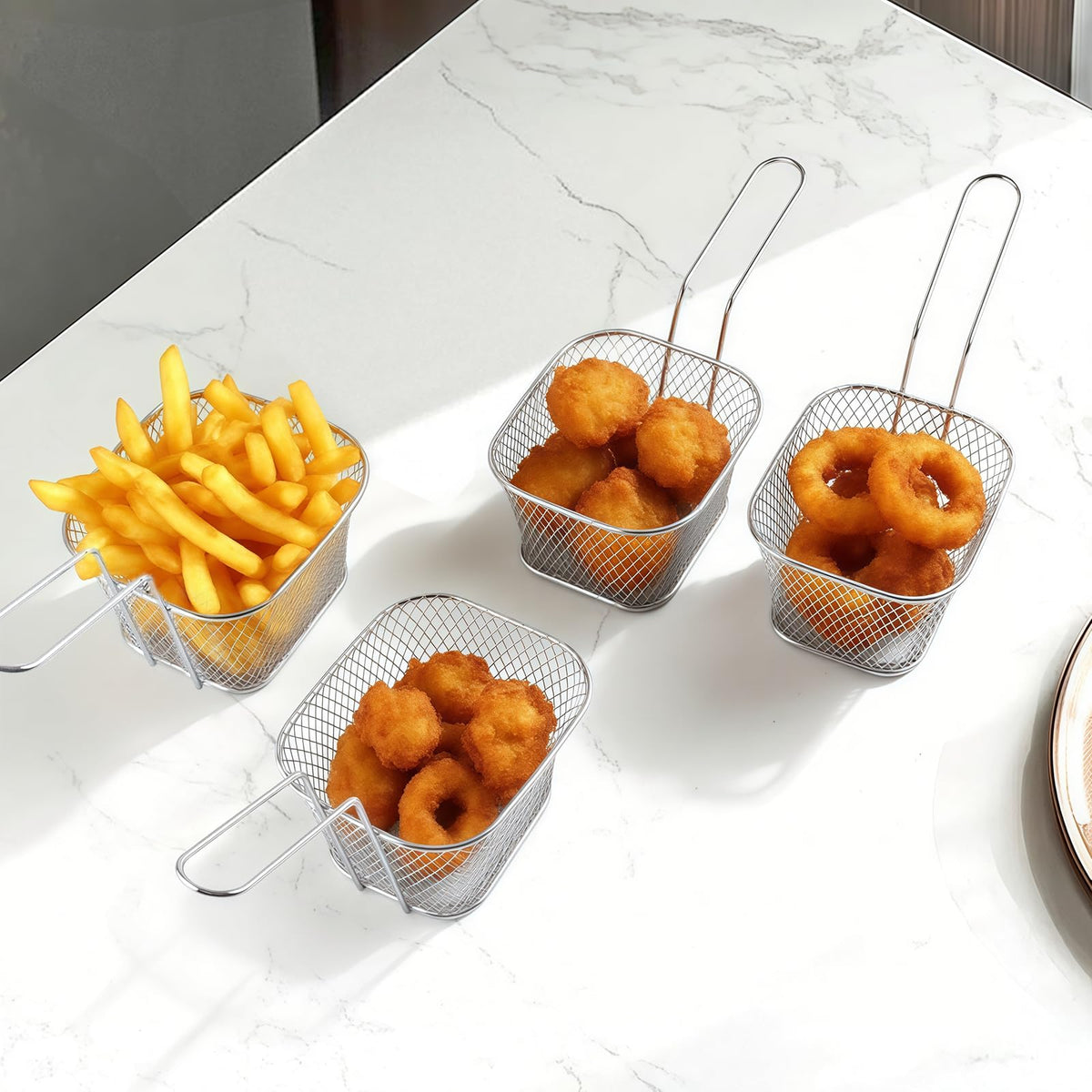 12 Pcs Mini Square Fry Basket Bulk Stainless Steel French Fry Holder Food Baskets for Serving Fryer Container with Handle Reusable Small Deep Fryer Holder for Home Kitchen Decor (Silver)