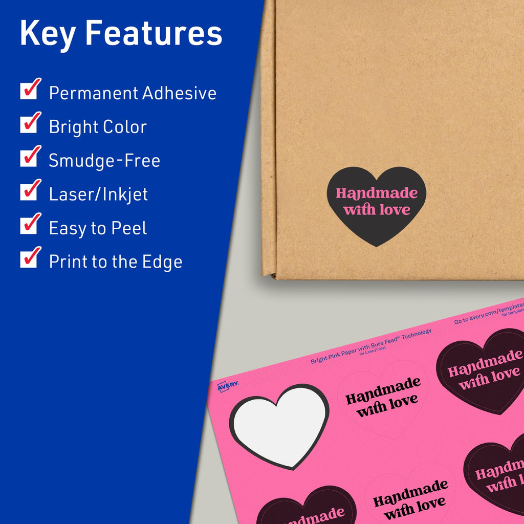 Avery Printable Heart Labels, Sure Feed Technology, 2-9/32" x 1-27/32", Bright Pink Labels, Print-to-The-Edge, Laser/Inkjet Printable, 240 Total, Great for Mailing Seals and Packaging 240 labels