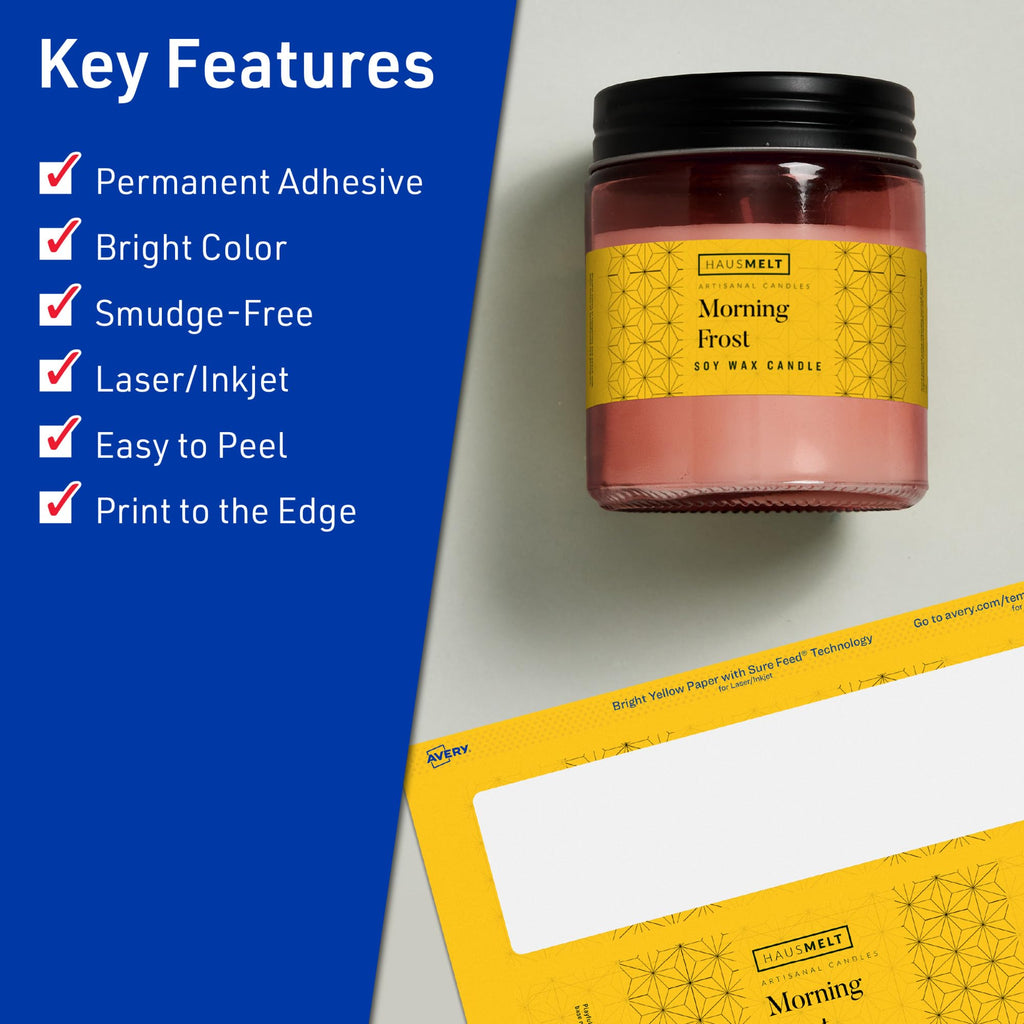 Avery® Printable Rectangle Labels, Sure Feed® Technology, 1" x 7", Bright Yellow Labels, Print-to-The-Edge, Laser/Inkjet Printable, 160 Total, Great for Candles and Jars 160 labels