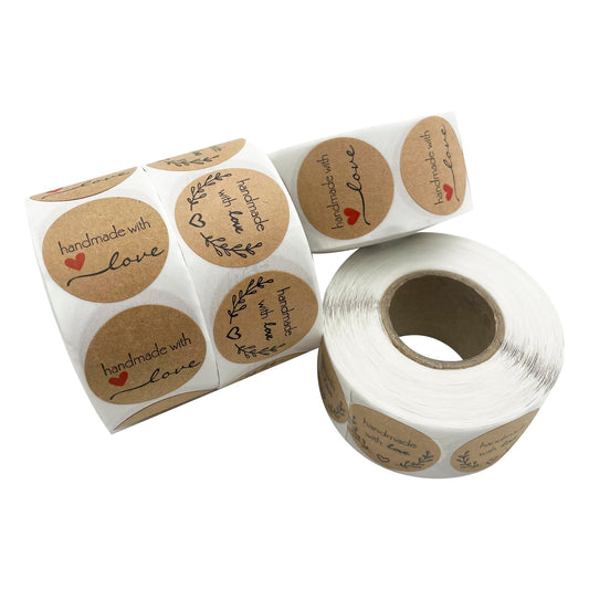 2000pcs Handmade with Love Stickers Roll Thank You Label Stickers Label Kraft Round Adhesive Stickers 4 Rolls, 500 Labels Per Roll for Present Bags Wedding Thanksgiving (25mm) K149 25mm