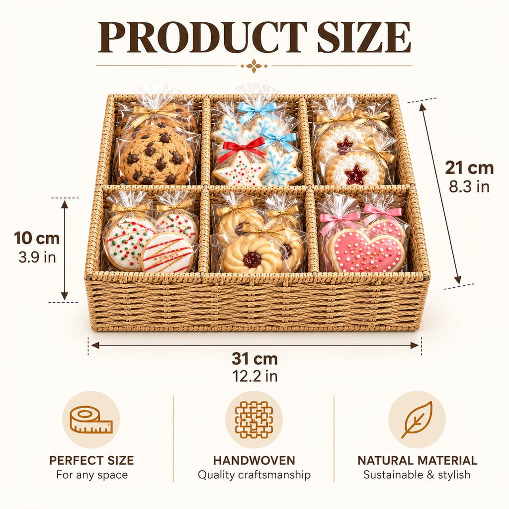 Cookie Display Stand, 6-Compartment Woven Snack Basket for Vendors, Natural