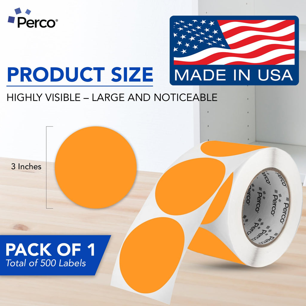 Perco Neon Orange Round Circle Dot Sticker 3-Inch Labels with Perforation for Easy Tear-Off, 500 Stickers per Roll - Sale, Clearance & Limited-Time Offer Signage, High Visibility - Made in USA 3 Inch 1 Roll