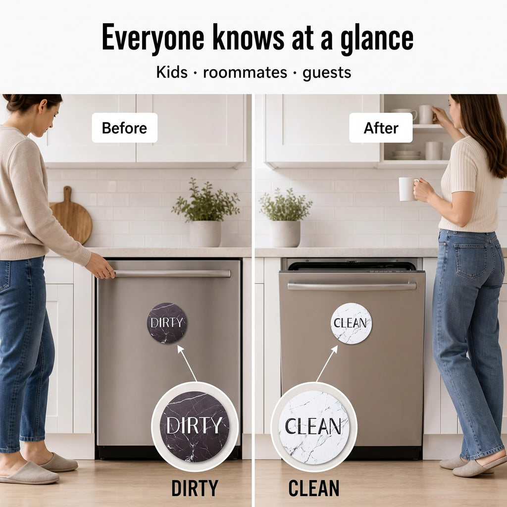 Dishwasher Magnet Clean Dirty Sign, 3.54 Inch Reversible Clean Dirty Magnet for Dishwasher, Waterproof Double Sided Black White Marble Indicator, Kitchen Accessories, 1 Pack