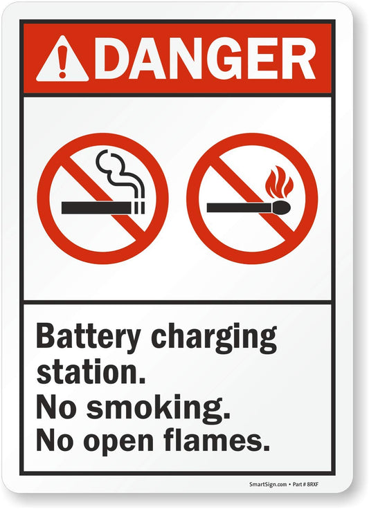 SmartSign "Danger - Battery Charging Station, No Smoking, No Open Flames" Label | 10" x 14" Laminated Vinyl 10" x 14" Vinyl Label