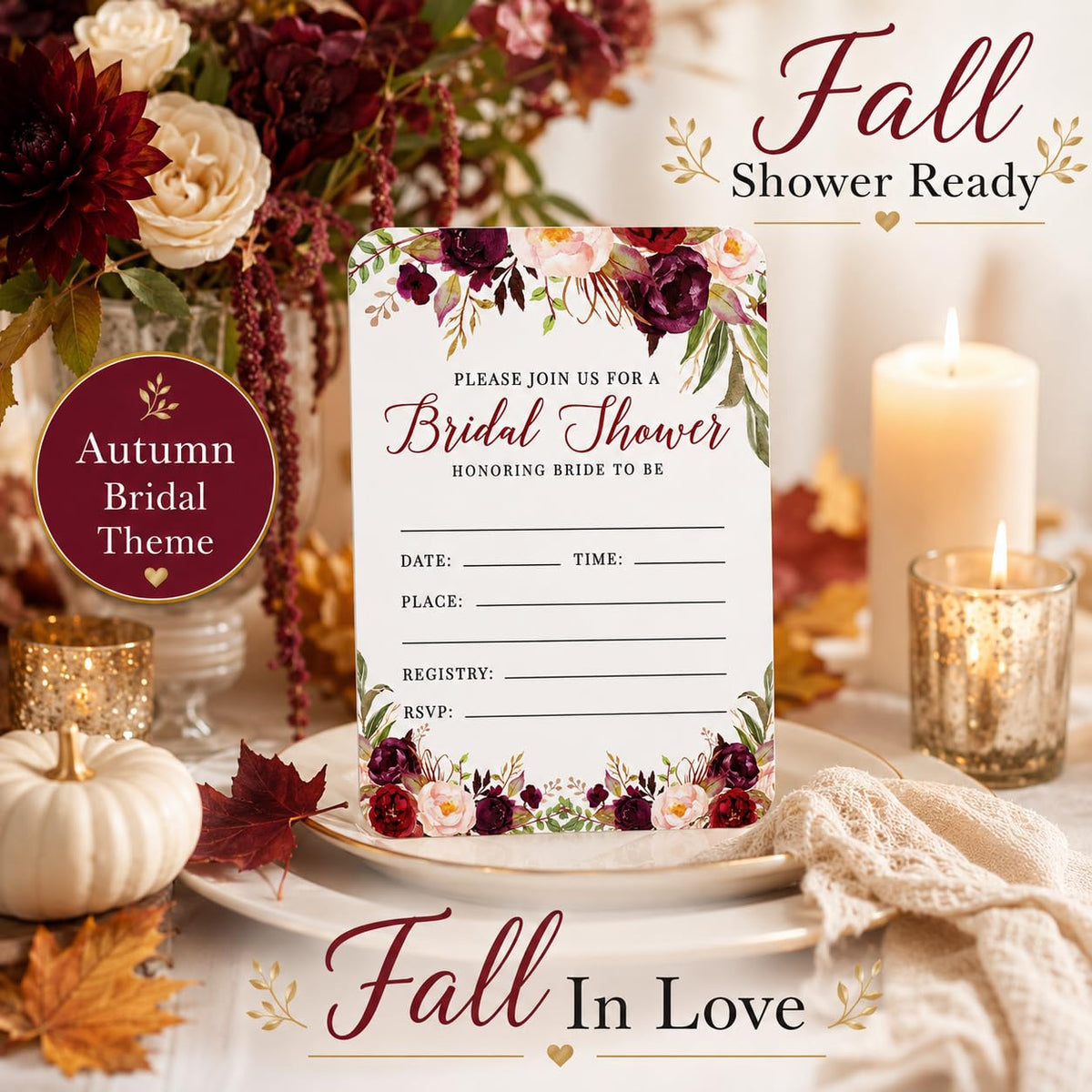 Andaz Press Fall Autumn Burgundy Maroon Floral Flowers, 5X7-Inch Fill in The Blank Bridal Shower Invitations with Envelopes, 24-Pack, Includes Cards & Envelopes Fall Bridal Shower Invitations