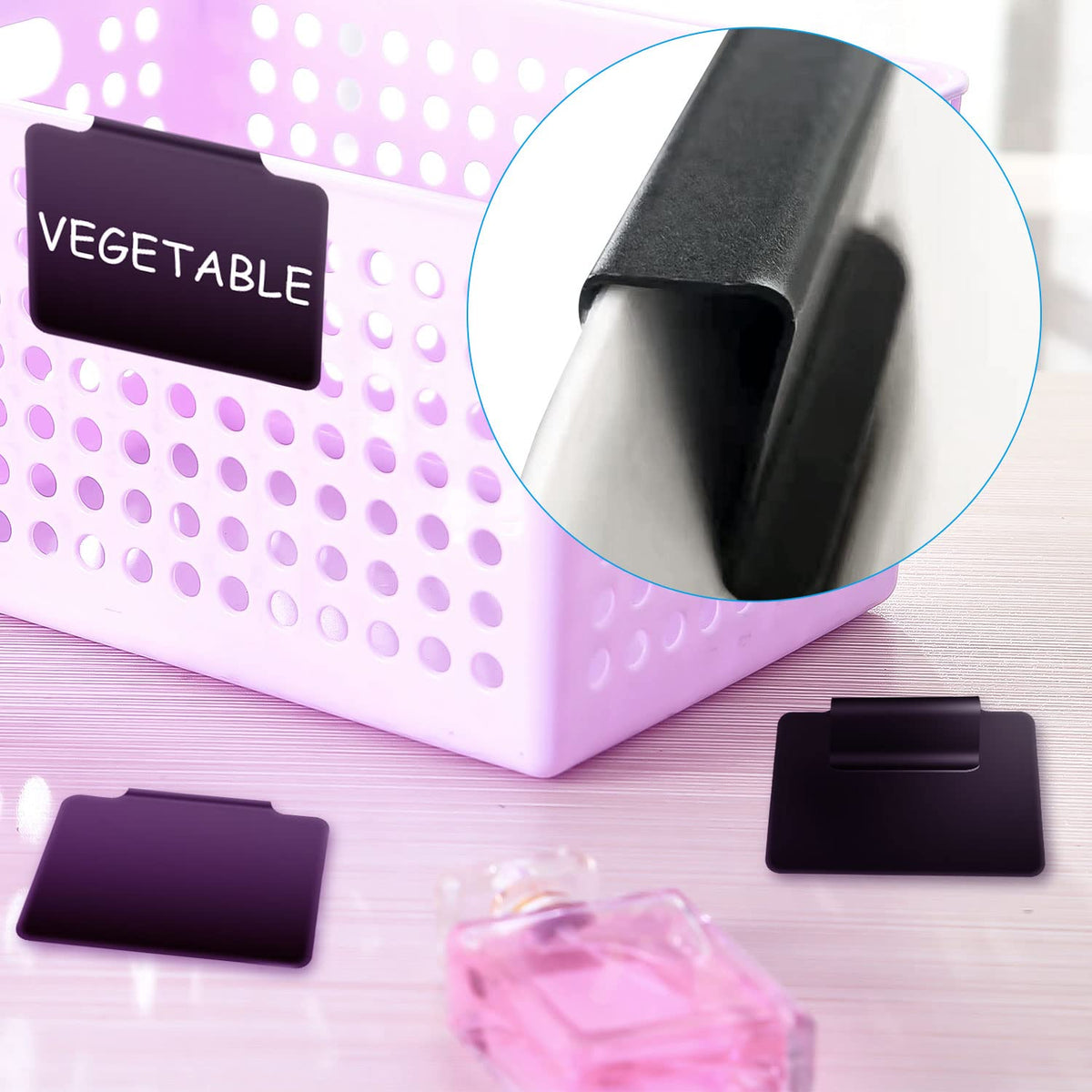 Basket Labels Clip with Plastic Storage Case &3 White Chalk board Markers for 24 Hanging Bins Pantry Organization Removable Small chalkboard Clips label Holder, Home Laundry Fabric Sorting 22PCS
