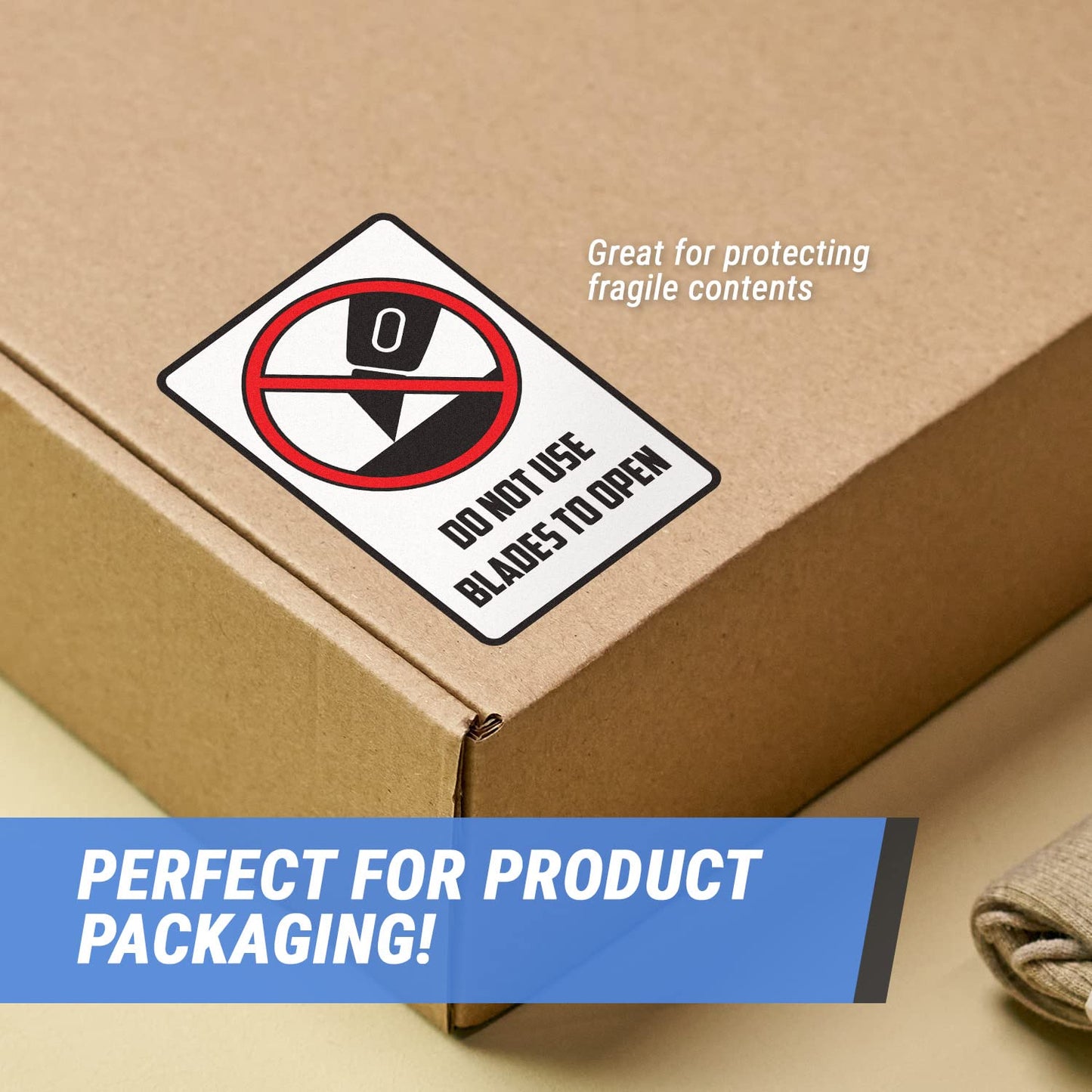 Do Not Use Blades to Open Labels (2 x 3 inch, Rectangular - 300 Labels) Bold Texts & Pictogram - International Instruction Warning Stickers - Semi-Gloss Coated, Strong Adhesive 1 Roll