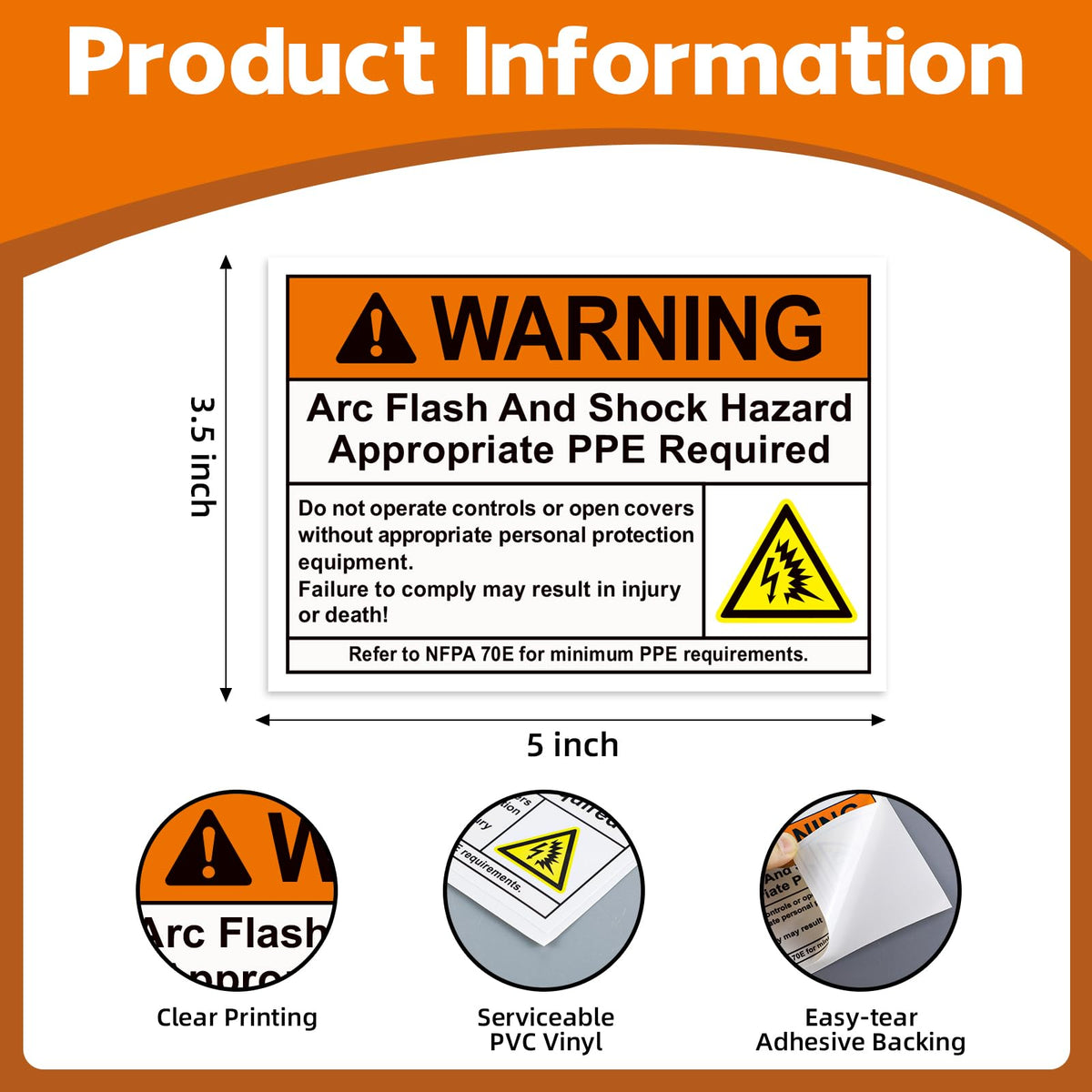 Novabright 10 Pack WARNING Arc Flash and Shock Hazard Appropriate PPE Required Label 5 x 3.5 Inch Electrical Hazard Safety Sign Vinyl Label for Workplace