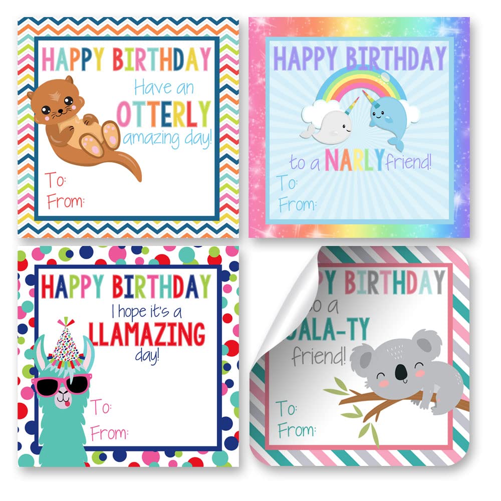 Happy Birthday Gift Tag Stickers for Girls, Set of 24 2.5 X 2.5 Mixed Square Birthday Gift Labels by Amanda Creation