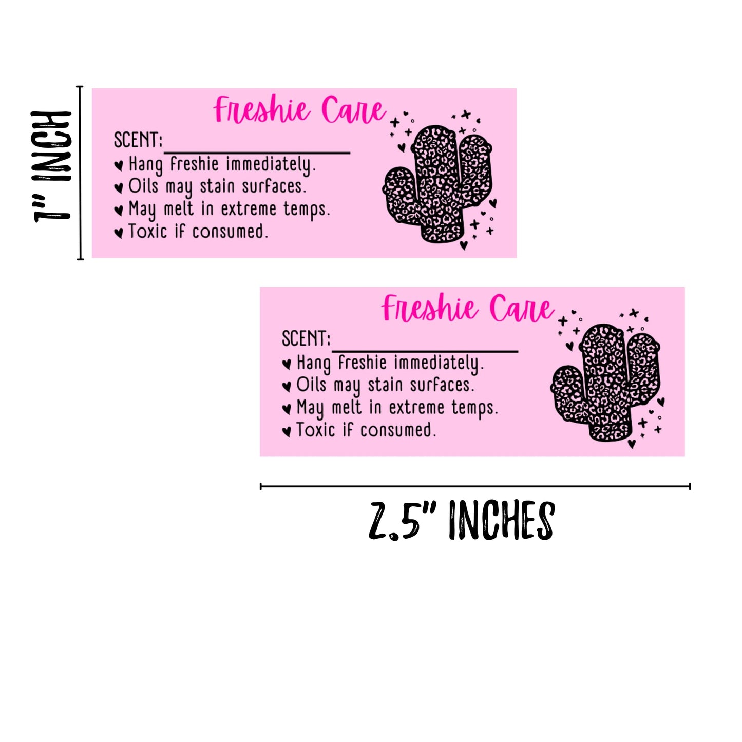 Freshie Care Instruction Card Sticker with Line to Write in Scent | 350 pc roll | Leopard Cactus Pink Warning Labels Customer Package 1x2.5”