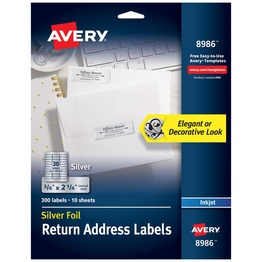 Avery Printable Return Address Labels, 0.75" x 2.25", Silver Foil, 300 Blank Mailing Labels (08986) 300 Labels