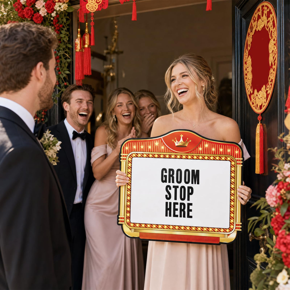 Wedding Bottle Service Sign Set - 4 Pack Bottle Service Signs with 8 Sheets Letters Sticker and 2 Pcs Pens, Photo Booth Props Wedding Entrance Sign for Bridal Party Nightclub Event Supplies