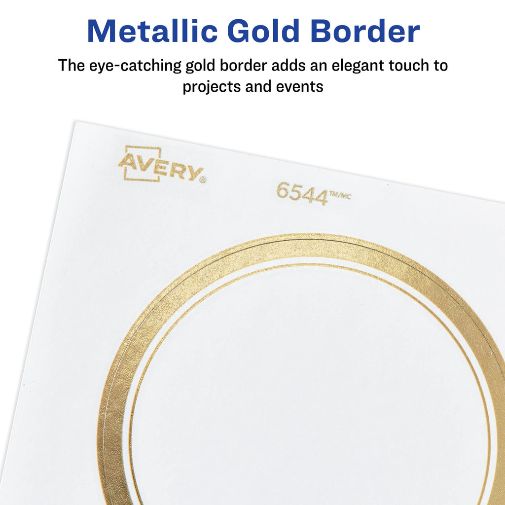 Avery Matte White Labels, Metallic Gold Borders, 3" Round Labels, 60 Total, Laser/Inkjet Printable (6544) 10 Sheets 3"