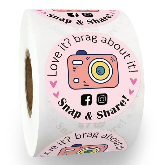 500pcs Love It Snap Share Review Stickers Roll - Pink Retro, Cute Round Thank You Stickers - Handmade Boutique Small Business Must Have, Please Leave a Review Pink Snap