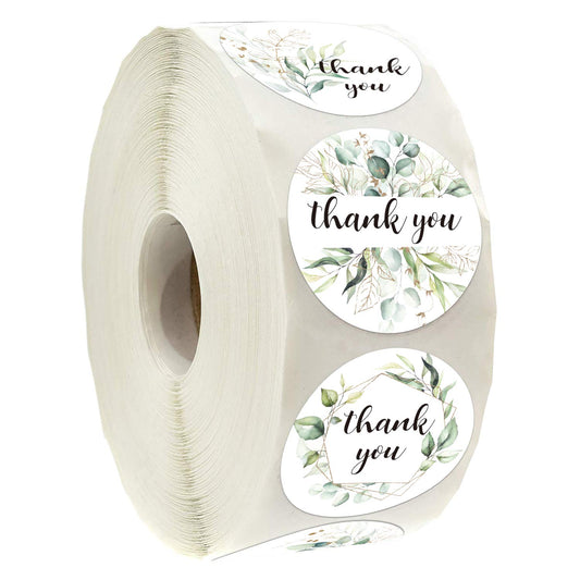 500 Greenery Thank You Label Stickers, Chic Golden Eucalyptus Leaves Wreath Thank You Stickers, 6 Different Designs, 1.4 Inches Round Thank You Stickers Roll, Wedding Favors.